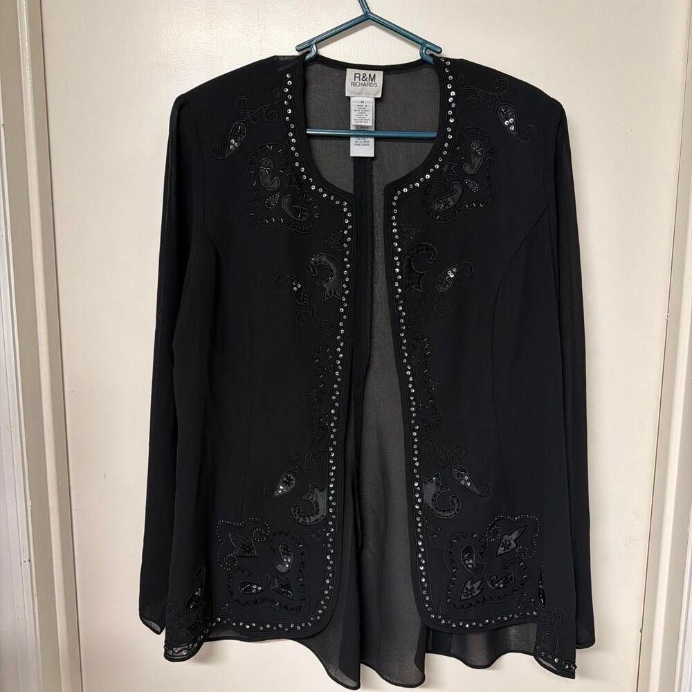 R & M Richards Women's Semi Sheer Whimsigoth Fairycore Black Blazer with beading